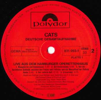 2LP Andrew Lloyd Webber: Cats Live - Deutsche Gesamtaufnahme Aus Dem Hamburger Operettenhaus 512339