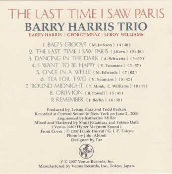 CD Barry Harris Trio: 思い出のパリ (The Last Time I Saw Paris) 533341