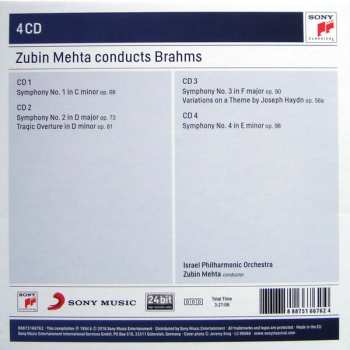 4CD/Caja Johannes Brahms: Zubin Mehta Conducts Brahms (Symphonies Nos. 1-4 • Tragic Overture • Haydn Variations)