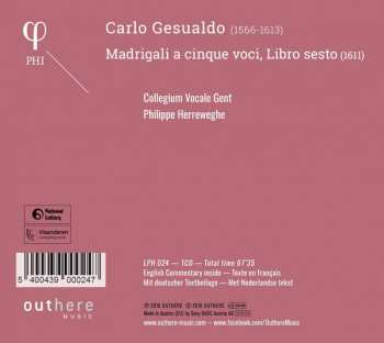 CD Carlo Gesualdo: O Dolce Mio Tesoro - Madrigali A Cinque Voci, Libro Sesto (1611) 123424