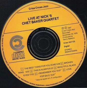 CD Chet Baker Quartet: Live At Nick's 414570