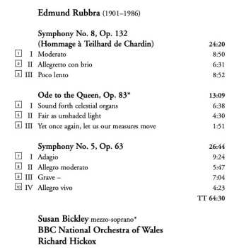 CD Edmund Rubbra: Symphony No. 8, "Hommage à Teilhard de Chardin" / Ode To The Queen / Symphony No. 5 456370