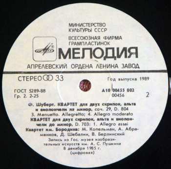LP Franz Schubert: Quartets In A Minor (Op. 29, D. 804) And C Minor (D. 703)