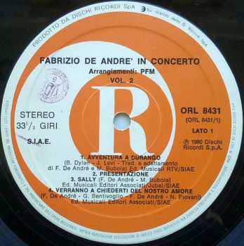 LP Fabrizio De André: Fabrizio De André In Concerto (Arrangiamenti PFM) Vol. 2°