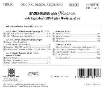 CD Felix Mendelssohn-Bartholdy: Ludger Lohmann Spielt Mendelssohn An Der Historischen Stumm-Orgel Der Abteikirche Zu Sayn 100365