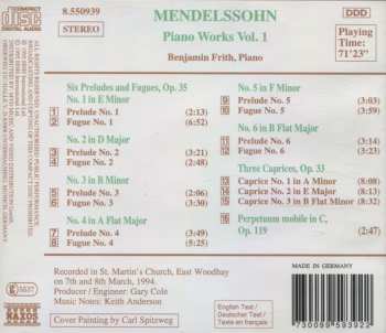 CD Felix Mendelssohn-Bartholdy: Piano Works Vol. 1 (6 Preludes And Fugues, Op. 35 • 3 Caprices, Op. 33 • Perpetuum Mobile In C, Op. 119) 323212