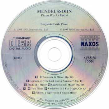 CD Felix Mendelssohn-Bartholdy: Piano Works Vol 4. - Sonata In G Minor, Op.105 / Fantasia On "The Last Rose Of Summer", Op.15 / Variations In B Flat Major 296117