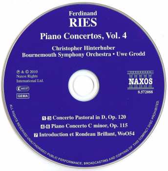 CD Ferdinand Ries: Piano Concerto In C Minor Concerto Pastoral 292687