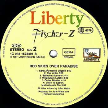 LP Fischer-Z: Red Skies Over Paradise