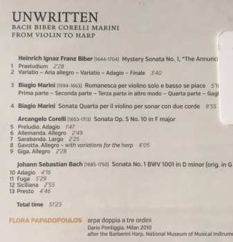 CD Flora Papadopoulos: Unwritten: Bach, Biber, Corelli, Marini - From Violin To Harp 320673