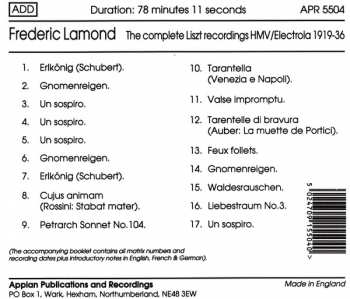 CD Frederic Lamond: The Complete Liszt Recordings Hmv / Electrola 1919-1936 342278