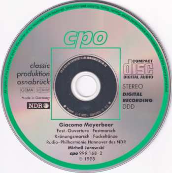 CD Giacomo Meyerbeer: Music For Festive Occasions (Fackeltänze ∙ Festouvertüre ∙ Festmarsch) 230048