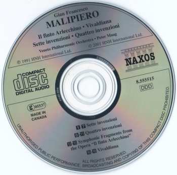 CD Gian Francesco Malipiero: Il Finto Arlecchino • Vivaldiana • Sette Invenzioni • Quattro Invenzioni 279338