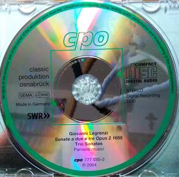 CD Giovanni Legrenzi: Sonate A Due E Tre Opus 2 1655 123145