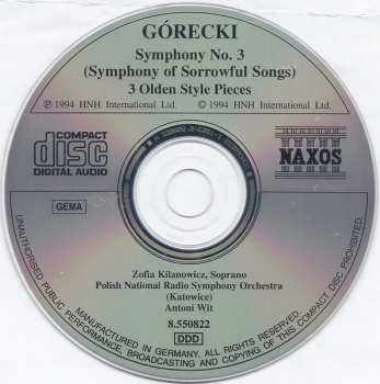 CD Henryk Górecki: Symphony No. 3 (Symphony Of Sorrowful Songs) / 3 Olden Style Pieces 389754
