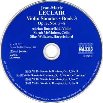 CD Jean Marie Leclair: Violin Sonatas • Book 3:  Op. 5, Nos. 5–8 459791