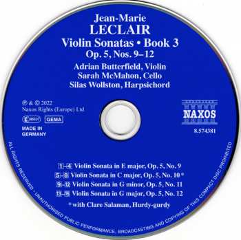CD Jean Marie Leclair: Violin Sonatas • Book 3:  Op. 5, Nos. 9–12 301457