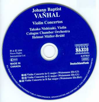 CD Johann Baptist Vanhal: Three Violin Concertos 321578