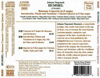 CD Johann Nepomuk Hummel: Bassoon Concerto In F Major / Introduction, Theme And Variations / Clarinet Quartet In E Flat Major 285299