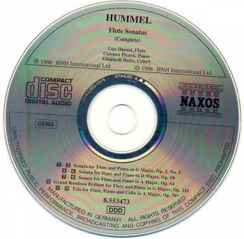 CD Johann Nepomuk Hummel: Flute Sonatas (Complete) 321748