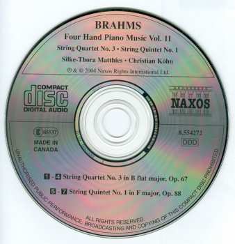 CD Johannes Brahms: Four Hand Piano Music Vol. 11 - String Quartet No. 3, String Quintet No. 1