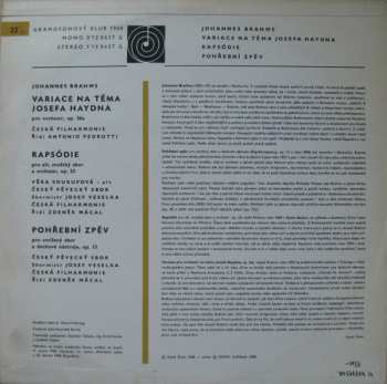 LP Johannes Brahms: Haydnovské variace, Altová rapsódie, Pohřební zpěv 430163