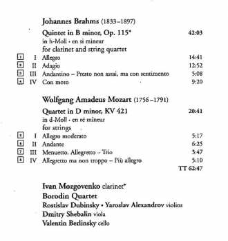 CD Johannes Brahms: Quintet For Clarinet  And Strings / String Quartet In D Minor, KV 421