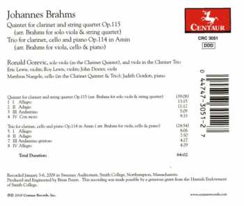 CD Johannes Brahms: Quintet For Clarinet And String Quartet Op. 115 / Trio For Clarinet, Cello And Piano Op. 114 In Amin