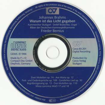 CD Johannes Brahms: Warum Ist Das Licht Gegeben - Musica Sacra 296300