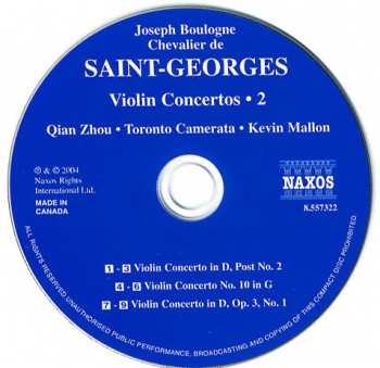 CD Joseph Boulogne, Chevalier De Saint-Georges: Violin Concertos • 2 / Concerto In D Major, Op. Post. No. 2 / Concerto No. 10 In G Major / Concerto In D Major, Op. 3 No. 1 114294