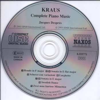 CD Joseph Martin Kraus: Complete Piano Music (Sonatas • Scherzo Con Variazioni • Swedish Dance) 401149