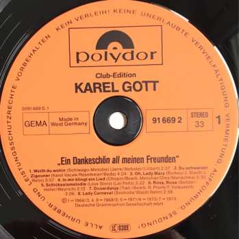 LP Karel Gott: Ein Dankeschön All Meinen Freunden