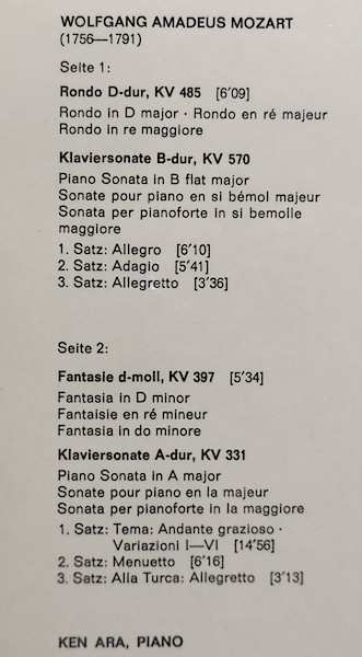 LP Ken Ara: Rondo D-dur KV 485 / Klaviersonaten B-dur KV 570, A-dur KV 331 / Fantasie d-moll KV 397 525485