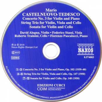 CD Mario Castelnuovo Tedesco: Violin Concerto No. 3 • String Trio • Sonata For Violin And Cello 329530