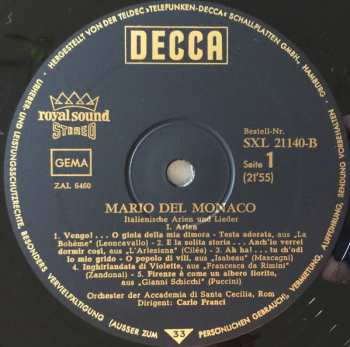 LP Mario del Monaco: Arien von Leoncavallo, Cilea, Mascagni, Puccini Und Italienische Lieder 367637