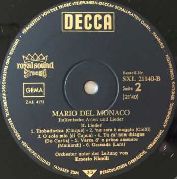 LP Mario del Monaco: Arien von Leoncavallo, Cilea, Mascagni, Puccini Und Italienische Lieder 367637