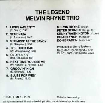 CD Melvin Rhyne Trio: The Legend 304759