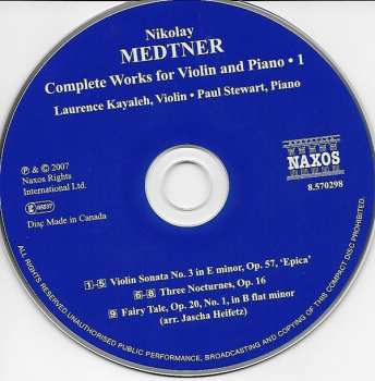 CD Nikolai Medtner: Violin Sonata No. 3, 'Epica' - Three Nocturnes 331666