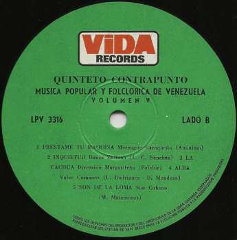LP Quinteto Contrapunto: Música Popular Y Folclórica De Venezuela Volumen 5 416161