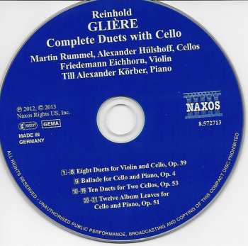 CD Reinhold Gliere:  Complete Duets With Cello 190912