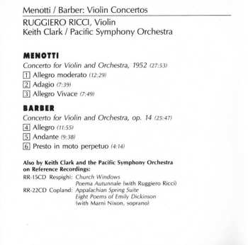 CD Ruggiero Ricci: Menotti / Barber: Violin Concertos 485257