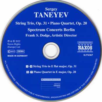 CD Sergey Ivanovich Taneyev: String Trio, Op. 31 • Piano Quartet, Op. 20 323498