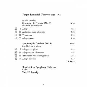 CD Sergey Ivanovich Taneyev: Symphony No. 1 In E Minor • Symphony No. 3 In D Minor 324461