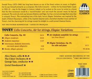 CD Sir Donald Francis Tovey: Cello Concerto Op. 40, Air For Strings, Elegiac Variations, Op. 25, For Cello And Piano 462795
