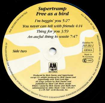LP Supertramp: Free As A Bird CLR
