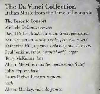 CD Toronto Consort: The Da Vinci Collection