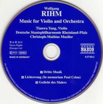 CD Wolfgang Rihm: Lichtzwang (In Memoriam Paul Celan) / Dritte Musik / Gedicht Des Malers 145653