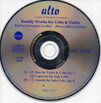CD Zoltán Kodály: for Cello & Violin - Cello Sonata Op.8, Violin & Cello Duo Op.7  301379
